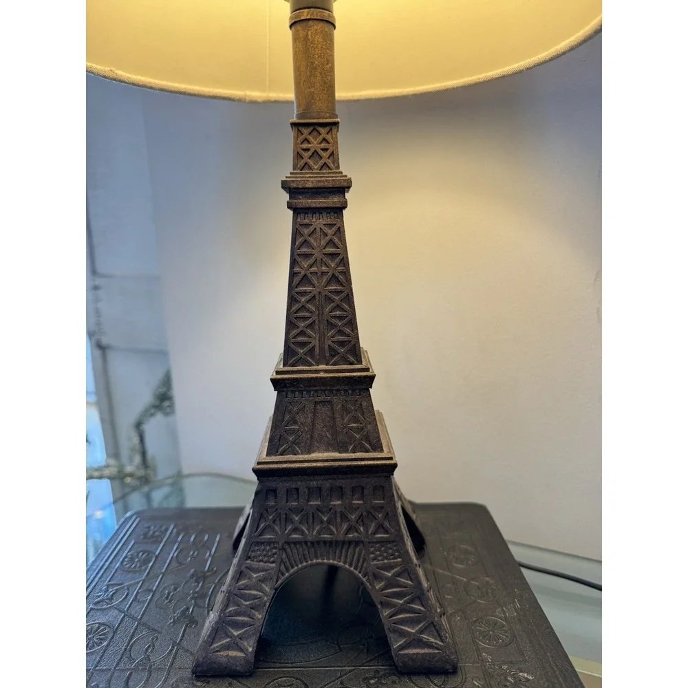 Eiffel Tower Lamp Base Metal 14.5in With‎ Linen Cream/tan Shade GW993